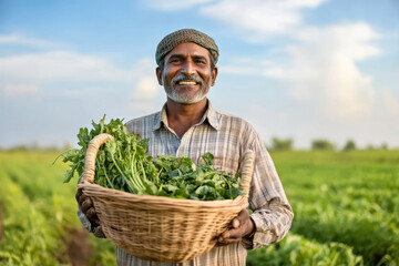 happy indian farmer holding a basket of freshly harvested vegetables