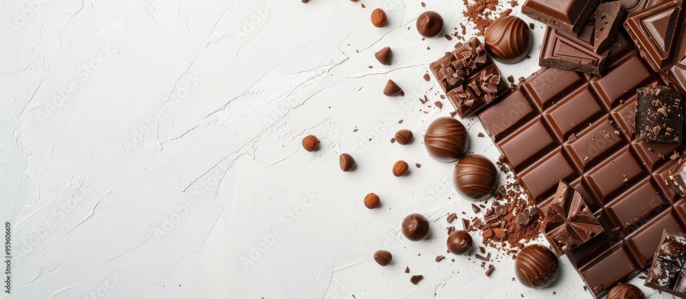 Poster chocolate bars and pralines on a white background angled flat lay composition with copy space for yo