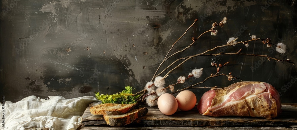 Poster pork eggs a slice of bread and horseradish with catkin twigs on an aged wooden table. copy space ima