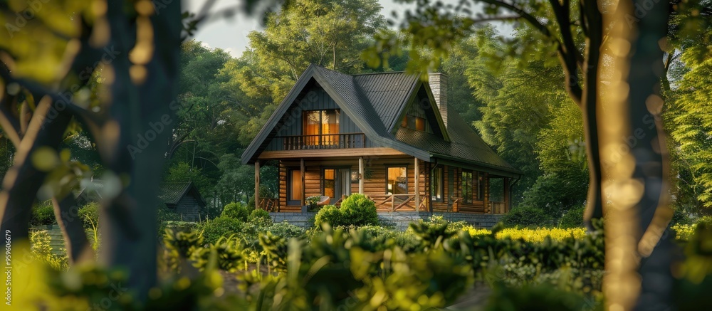 Poster Barnhouse style home A house nestled in nature Surrounded by greenery and trees. Copy space image. Place for adding text and design