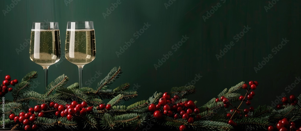 Poster christmas and new year seasonal arrangement featuring pine branches two glasses of champagne and red
