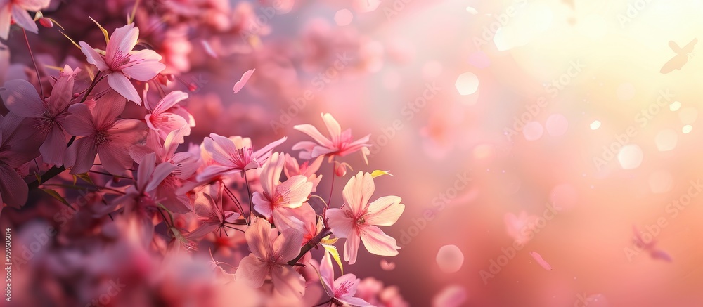 Poster lovely natural setting featuring a blooming tree pink flowers of spring background of spring blossom