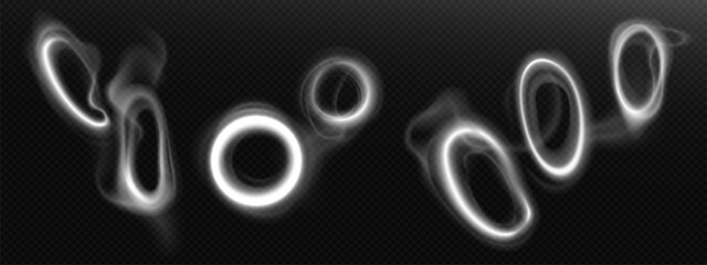 Smoke circle cloud vector. Realistic hookah ring isolated. Cigarette mist effect 3d texture. Creative round tobacco smog element set. Flying glow vapor puff with hole motion illustration design