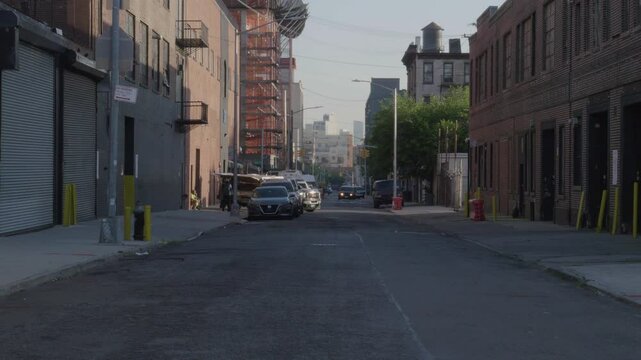 Handheld shot of an empty nondescript street in Brooklyn