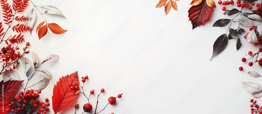 Poster autumn arrangement autumn leaves and berries from various trees and bushes white space available for