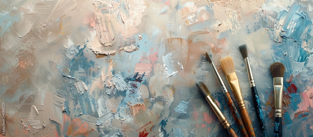 Poster paintbrushes resting on a painted surface. copy space image. place for adding text and design