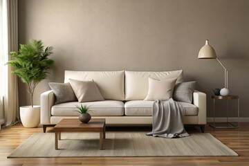 A photo image of a sleek white couch in a modern living room, set against a neutral beige wall, with a few throw pillows and blanket in soft gray tones.