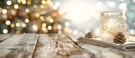 Cozy winter scene featuring a lit jar, pine cones, and a beautifully decorated Christmas tree in the background.