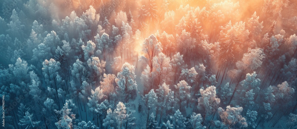 Poster aerial perspective of a winter forest at sunset. copy space image. place for adding text and design