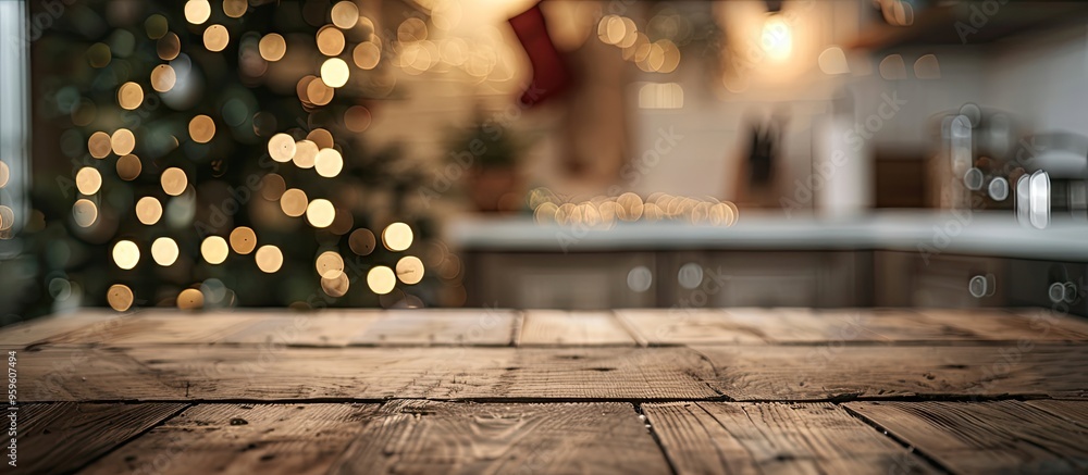 Poster wooden tabletop with a blurred kitchen featuring a christmas tree ideal background for displaying or