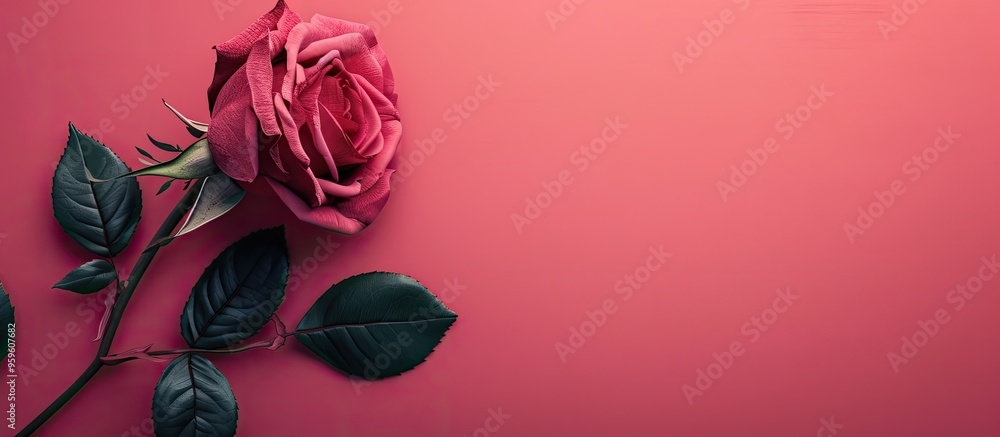 Poster rose on a dark pink background. copy space image. place for adding text and design