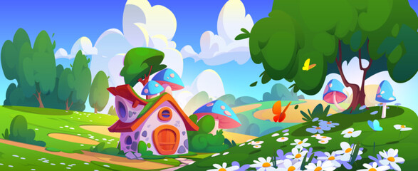 Cute tiny elf house with mushrooms in forest on meadow with green grass, daisy flowers, trees and butterflies on summer day. Gnome or animal village home. Cartoon vector dwarf cottage in woodland. © klyaksun