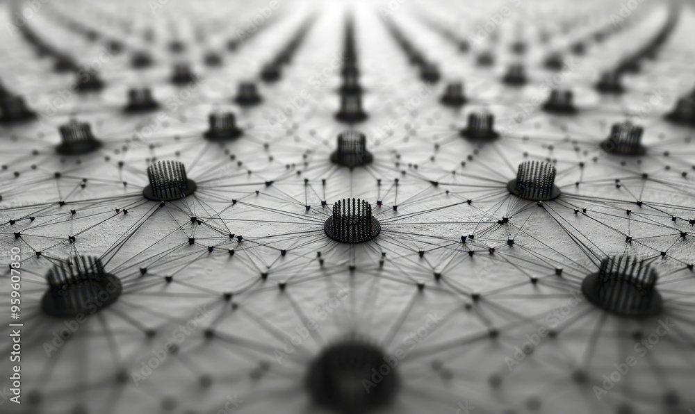 Poster abstract network of unconnected pegs, conceptual visualization of decentralization and isolation, bl