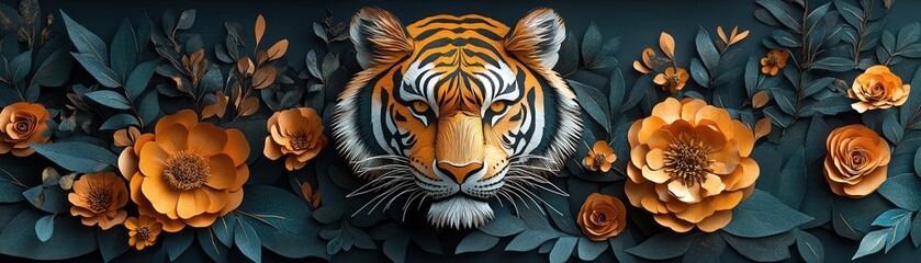 Paper tiger head among vibrant flowers, deep green foliage, detailed textures, watchful and wild