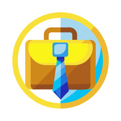 Icon of a brown briefcase with a blue-striped tie, enclosed in a yellow circle