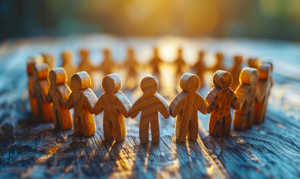 Wooden Figures Holding Hands in a Circle Symbolizing Teamwork and Unity on Rustic Wooden Table, Backlit by Warm Sunset, Concept of Cooperation, Community, Support, and Togetherness