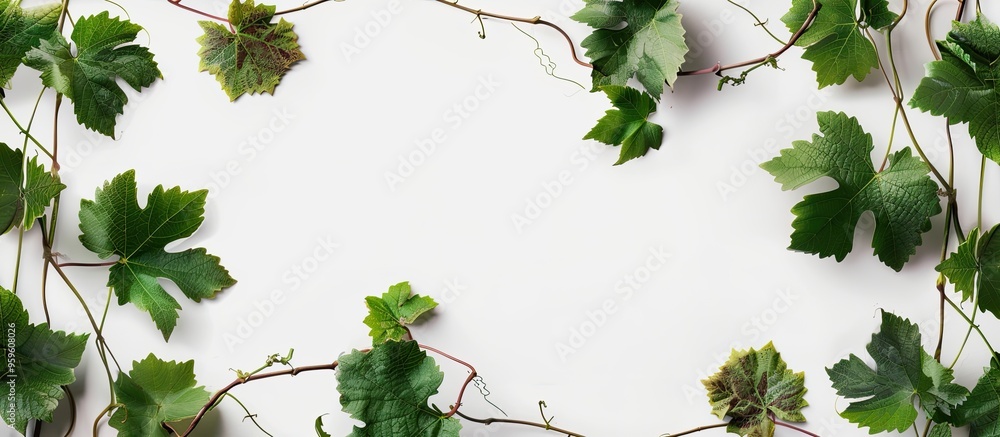 Poster collage grape leaves on elegantly intertwined branches against a white background. copy space image.