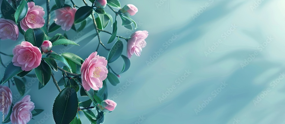 Poster Camellia japonica known as Japanese camellia is a species of flowering evergreen shrub or small tree belonging to the Theaceae family. Copy space image. Place for adding text and design