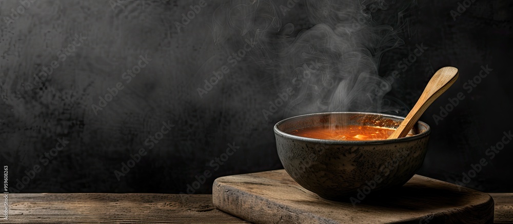 Poster a bowl of hot soup with steam rising accompanied by a wooden spoon on a wooden table with a black ba
