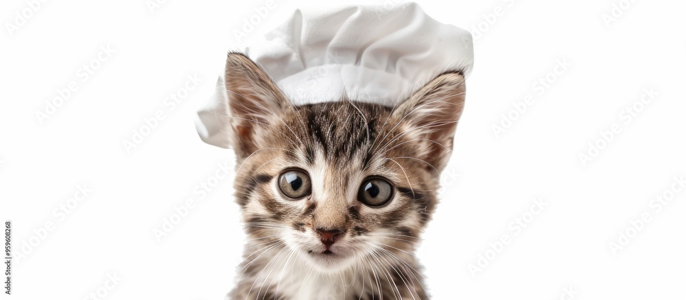 Poster little kitten adorned with a cook hat isolated against a white background. copy space image. place f