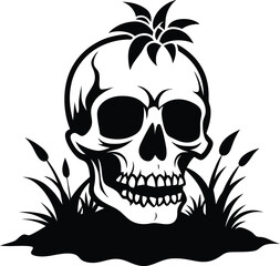 skull in dirt and weeds vector illustration black and white