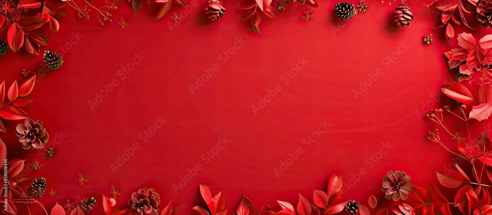 Poster red christmas template for design featuring a festive frame against a red background flat lay top vi