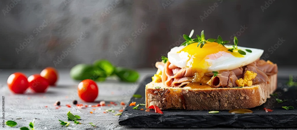 Poster toast with canned tuna fish open faced sandwich with egg and cheese. copy space image. place for add