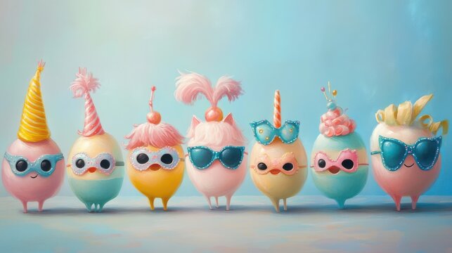 Fun and colorful cartoon characters celebrating with hats and sunglasses, perfect for joyful and playful themes.