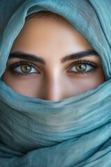 Fototapeta premium A young Arab woman adorned in a blue hijab gazes directly, her eyes highlighted through the delicate scarf, creating an enchanting and serene atmosphere
