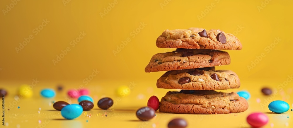 Poster homemade cookies with colorful chocolate candies against a bright background. copy space image. plac