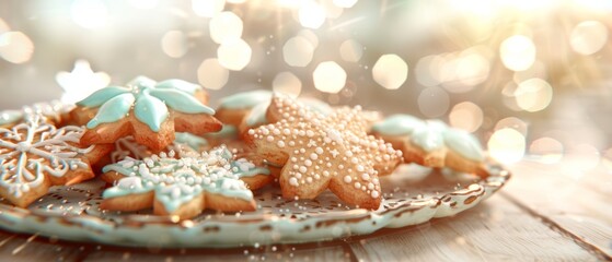 Obraz premium Deliciously decorated snowflake cookies on a festive plate, perfect for winter celebrations and holiday gatherings.