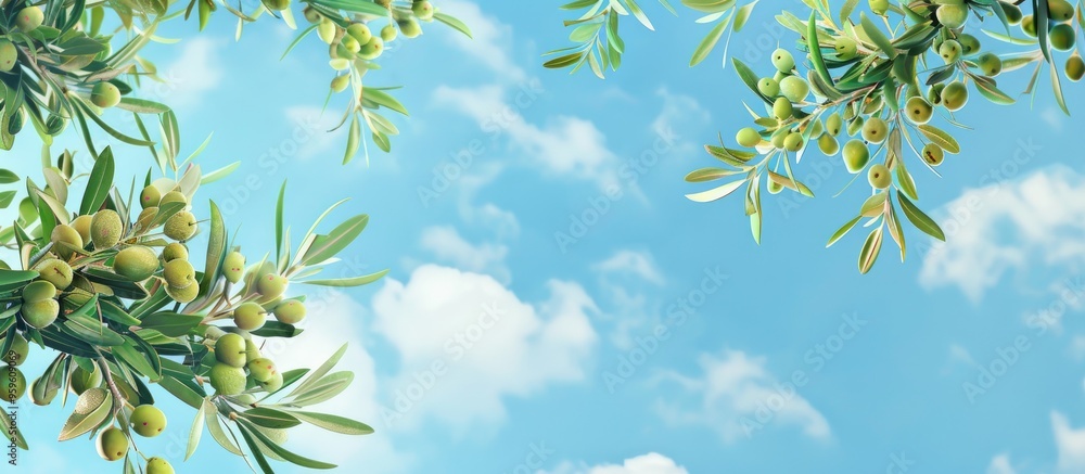Poster olive tree branches with leaves and fruit set against a blue sky. copy space image. place for adding