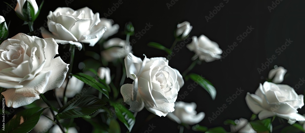 Poster beautiful white roses in bloom on a black background. copy space image. place for adding text and de