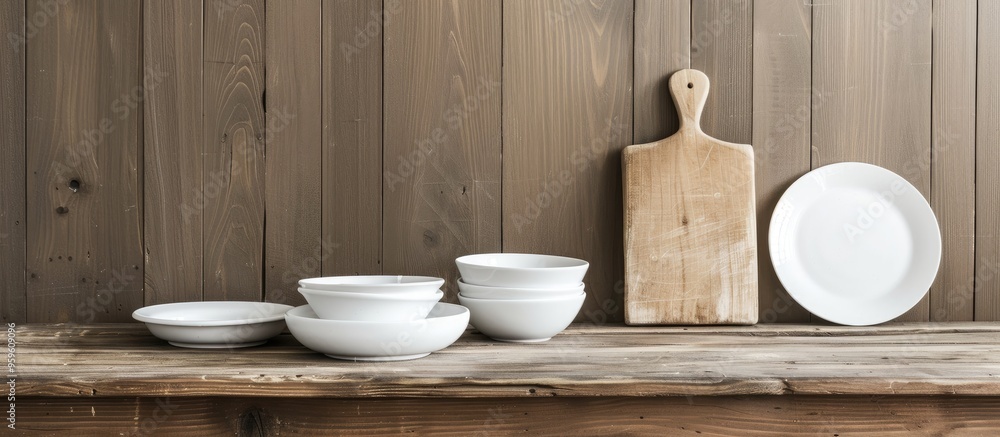 Poster empty white dishes are placed on a wooden table alongside a cutting board. copy space image. place f