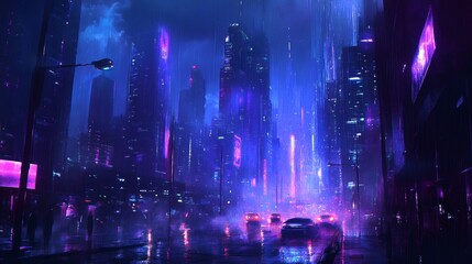 A rainy night in a futuristic city with glowing neon lights.