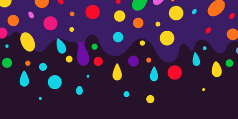 Colorful confetti and droplets pattern on dark purple background