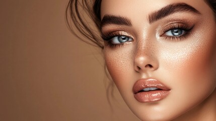 A high-resolution portrait of a woman with glamorous makeup, including shimmering eyeshadow and expertly sculpted brows, exuding confidence and sophistication.