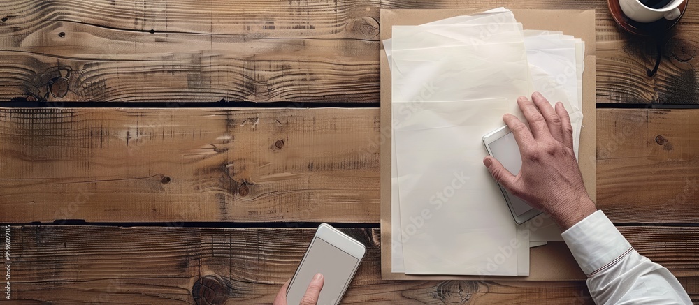 Poster businessman using a smartphone and paper on a wooden desk in the office young man working and typing