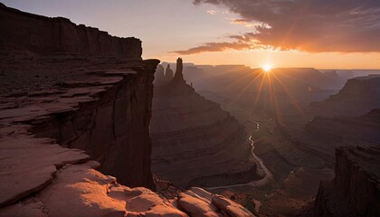 Canyon sunrise with sun rays over a river.