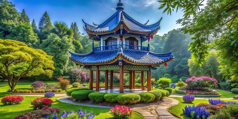 Fototapeta premium Ancient blue and white china pagoda stands tall in a lush green garden, surrounded by vibrant flowers that bloom with beauty and serenity.