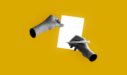 Hand with sheet paper empty and closing business, hand with pen, contracting and agreement on pink background. Art collage digital pop modern art.