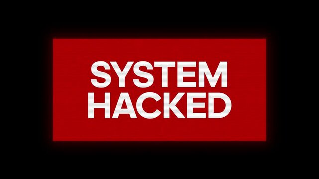 SYSTEM HACKED glitch notification. Looped cybercrime concept hacking animation. SYSTEM HACKED message with glitch effect. Cybersecurity, hacking attack.