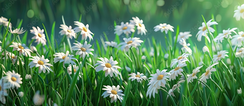 Sticker Close up of blooming small daisies with embossed petals in the field. Copy space image. Place for adding text and design