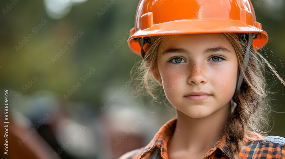 Poster A young girl wearing an orange hard hat, looking confidently at the camera.