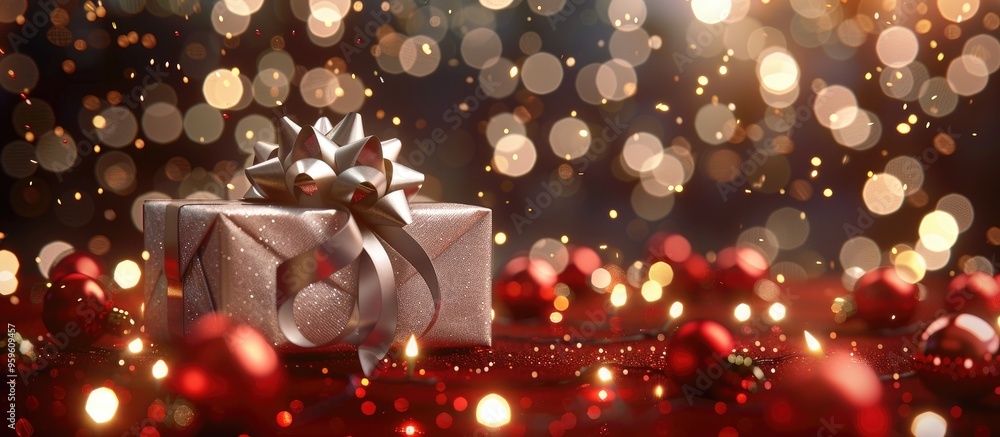 Poster happy new year message in a box frame adorned with a silver ribbon bow on a background of blurred re