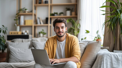 young indian man using laptop at home