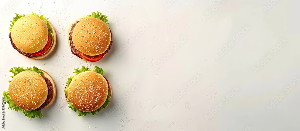 Poster tasty fresh burgers on a white table. copy space image. place for adding text and design