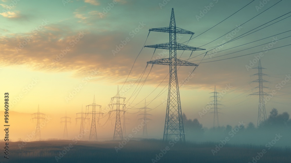 Poster A high-resolution shot of multiple electricity transmission towers lined up in a row, emphasizing their scale and the extensive network of power lines.