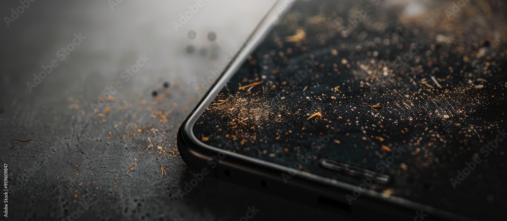 Poster dirty smartphone screen with smudged fingerprints dust scratches and cracked glass. copy space image