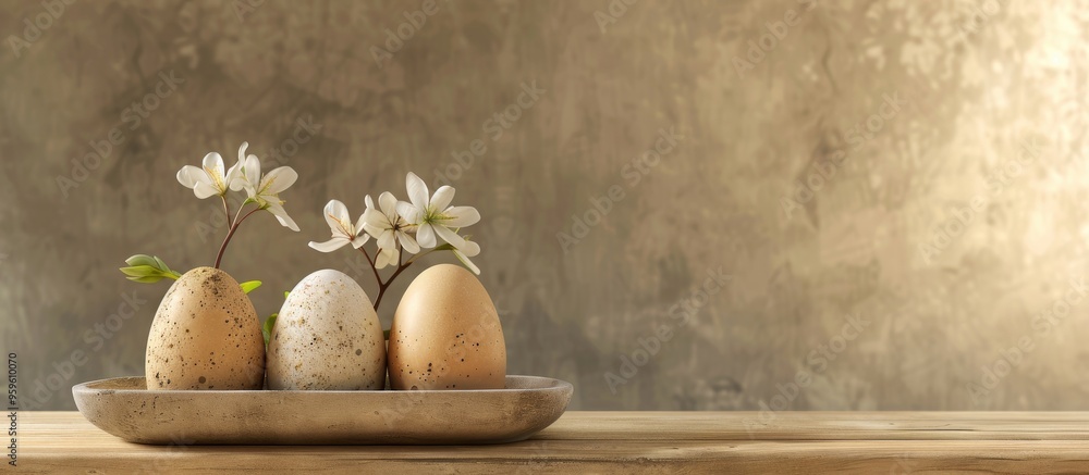 Poster easter greeting card eggs in a holder with a flower. copy space image. place for adding text and des